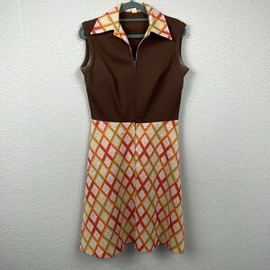 Vintage 60s 70s Union Made Diamond Pattern Dress Sleeveless Brown Orange